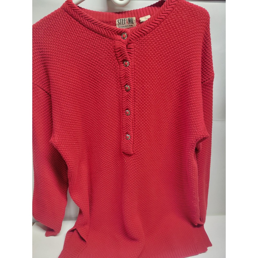 Stefano International Womens Red Textured Knit Button‎ Up Sweater Top Medium